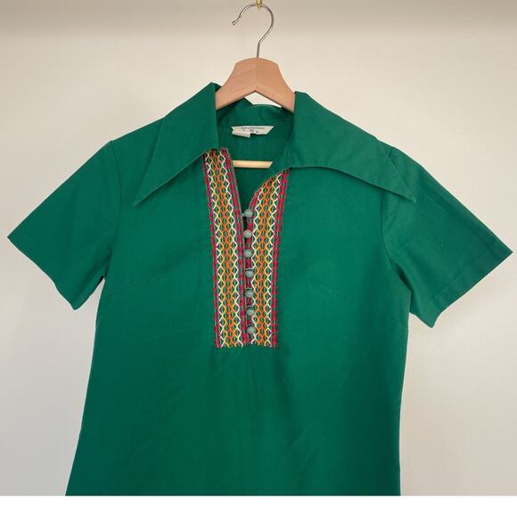 Vintage 60s 70s Sears Green Dagger Collar Top / Sz S / Folk Retro Boho Hippie - Picture 2 of 8